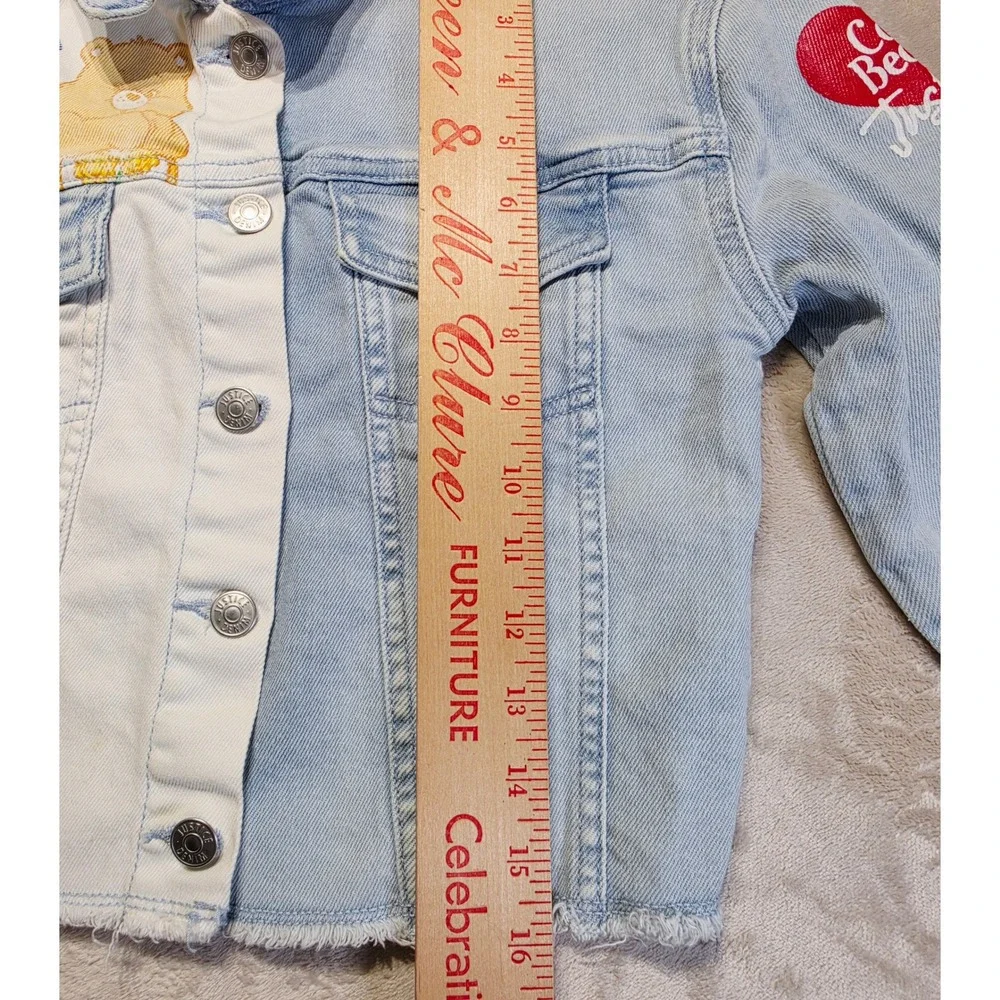 Justice Care Bears Denim Jacket Girls Sz 7/8 Light Wash Two Tone Frayed Hem